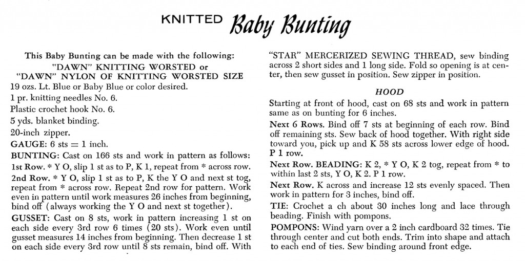 Vintage Crafts and More Knitted Baby Bunting Pattern Instructions