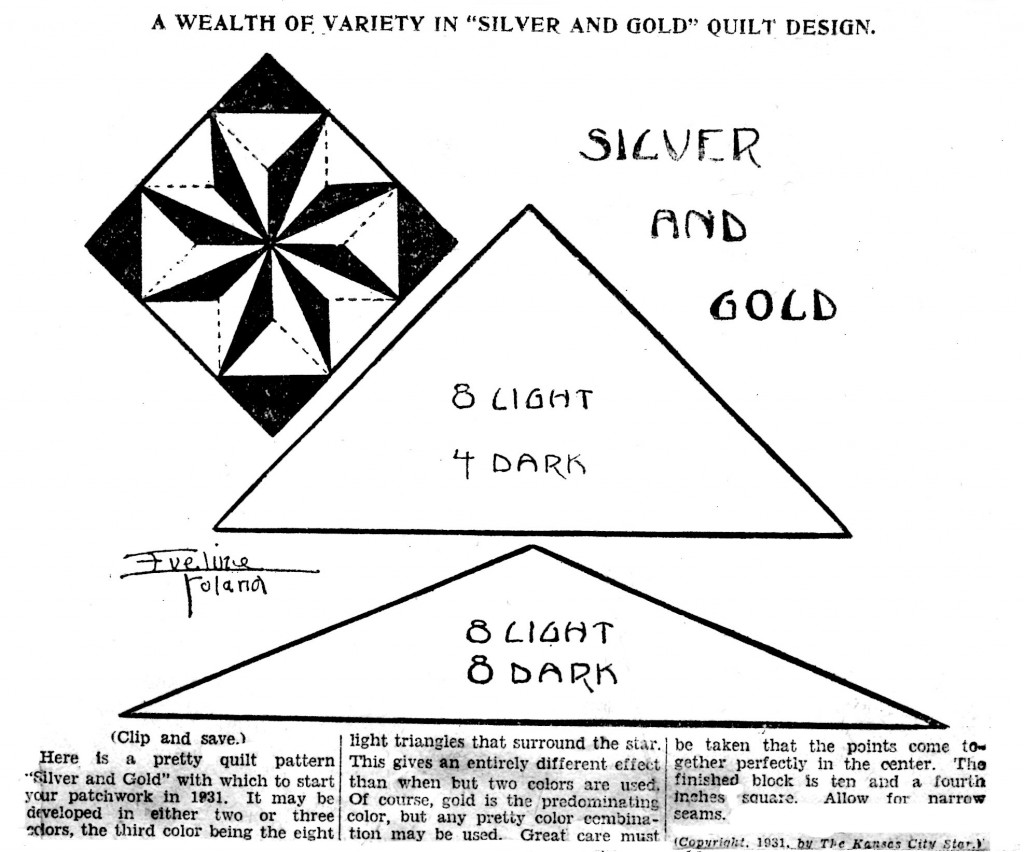 Vintage Crafts and More - Silver and Gold Quilt Pattern Eveline Foland 1931