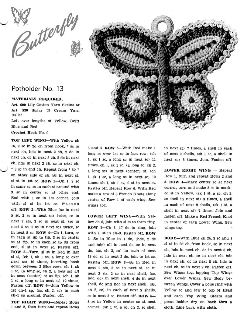 Free Crochet Pattern Butterfly Potholder Vintage Crafts and More