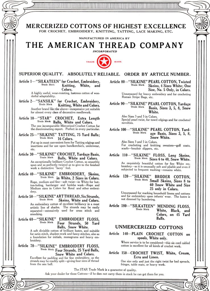 American Thread Company Mercerized Cottons Page for Vintage Crochet Patterns