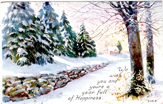 New Year Greetings Joyful Men in Snow Storm Vintage Postcard