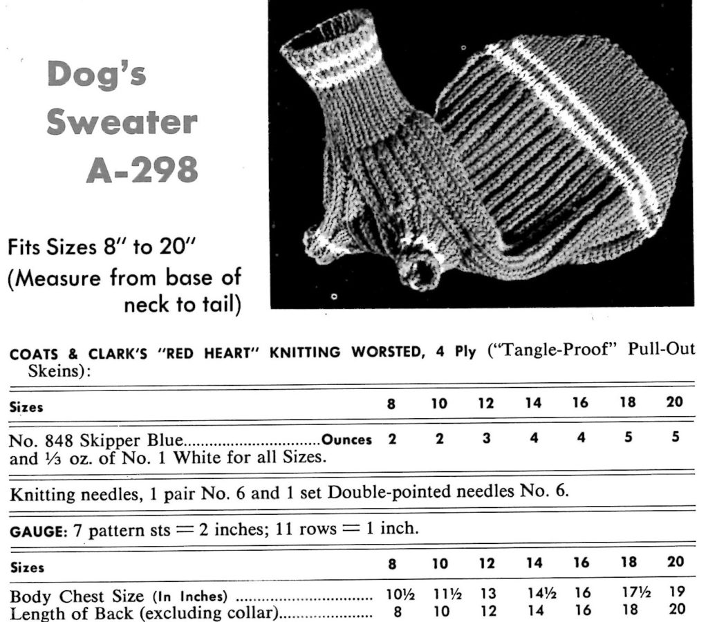 Dogs sweater knitting instructions Sizes