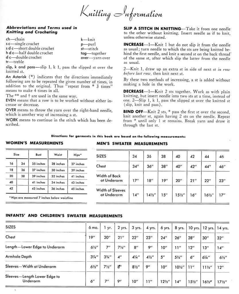 Knitting Instructions and Measurements