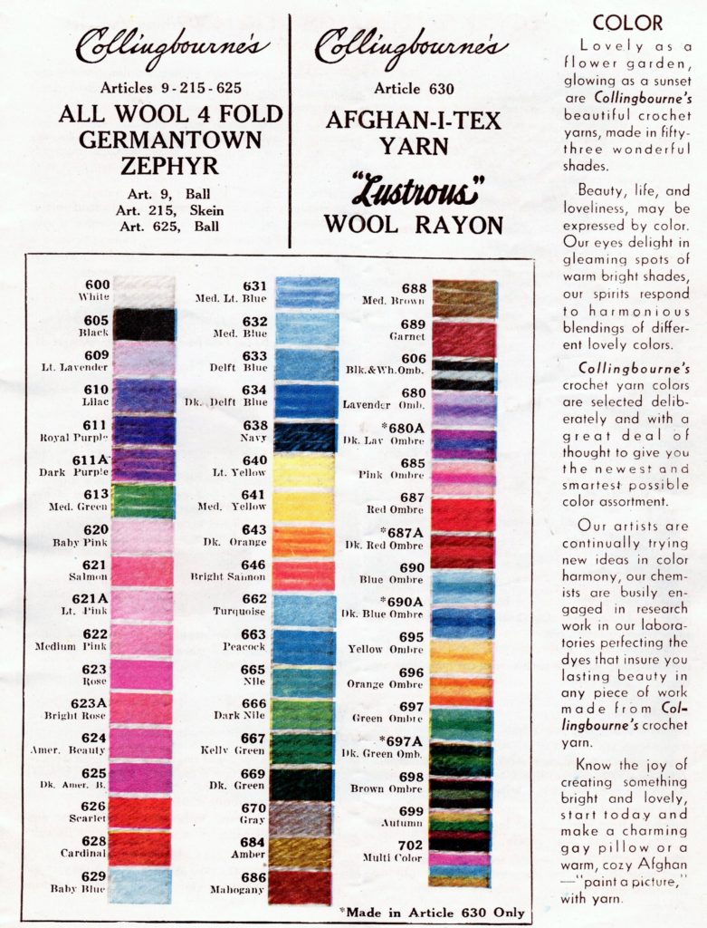 Collingbourne Yarn Lustrous Wool Rayon Chart - Vintage Crafts and More