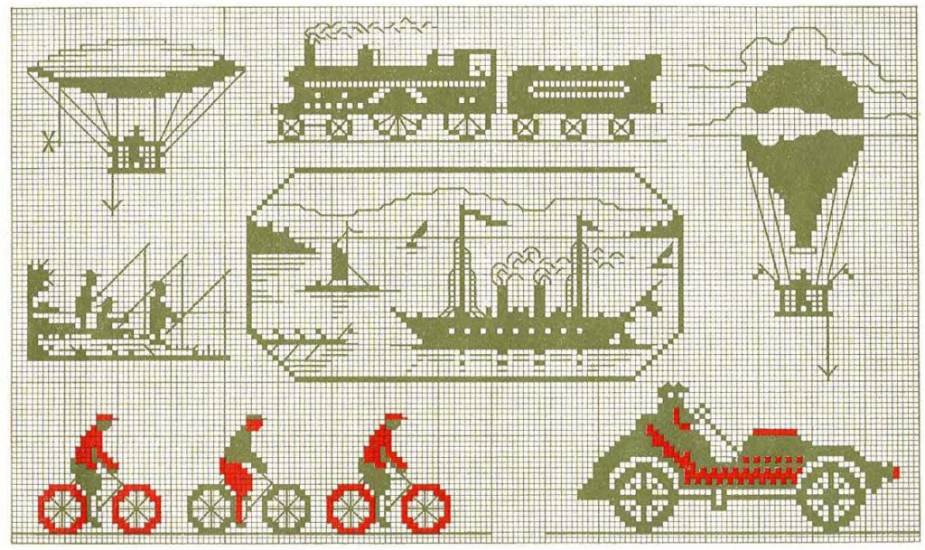 full sheet of transportation cross stitch charts